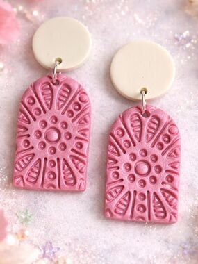 Pink & Cream Textured Handmade Polymer Clay Dangle Earrings